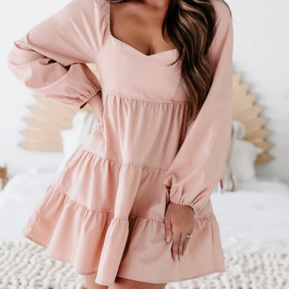 Tiered Long Sleeve Mini Dress in Pink Bell - Picture 2 of 6
